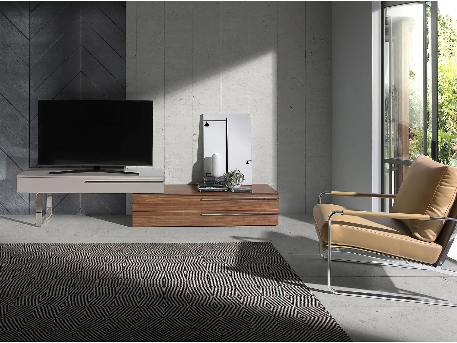 Meuble TV en bois beige, noyer et acier chromé 3081 ANGEL CERDA