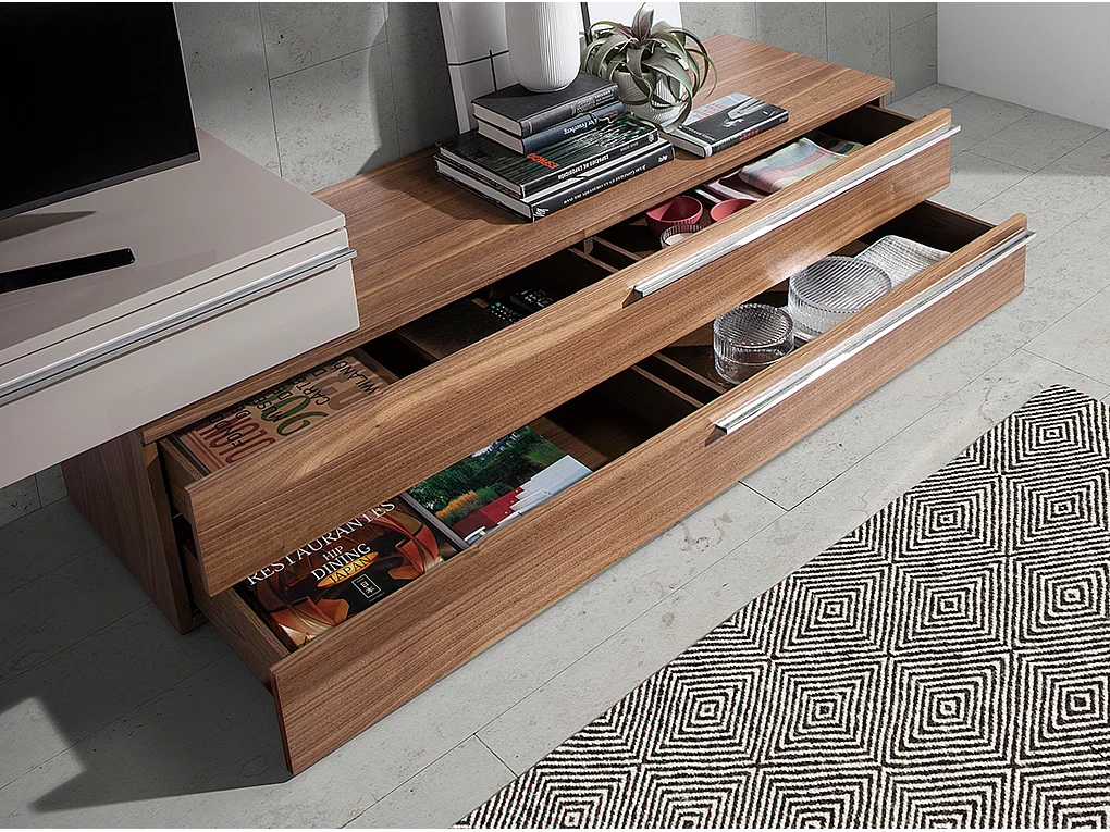 Meuble TV en bois beige, noyer et acier chromé 3081 ANGEL CERDA