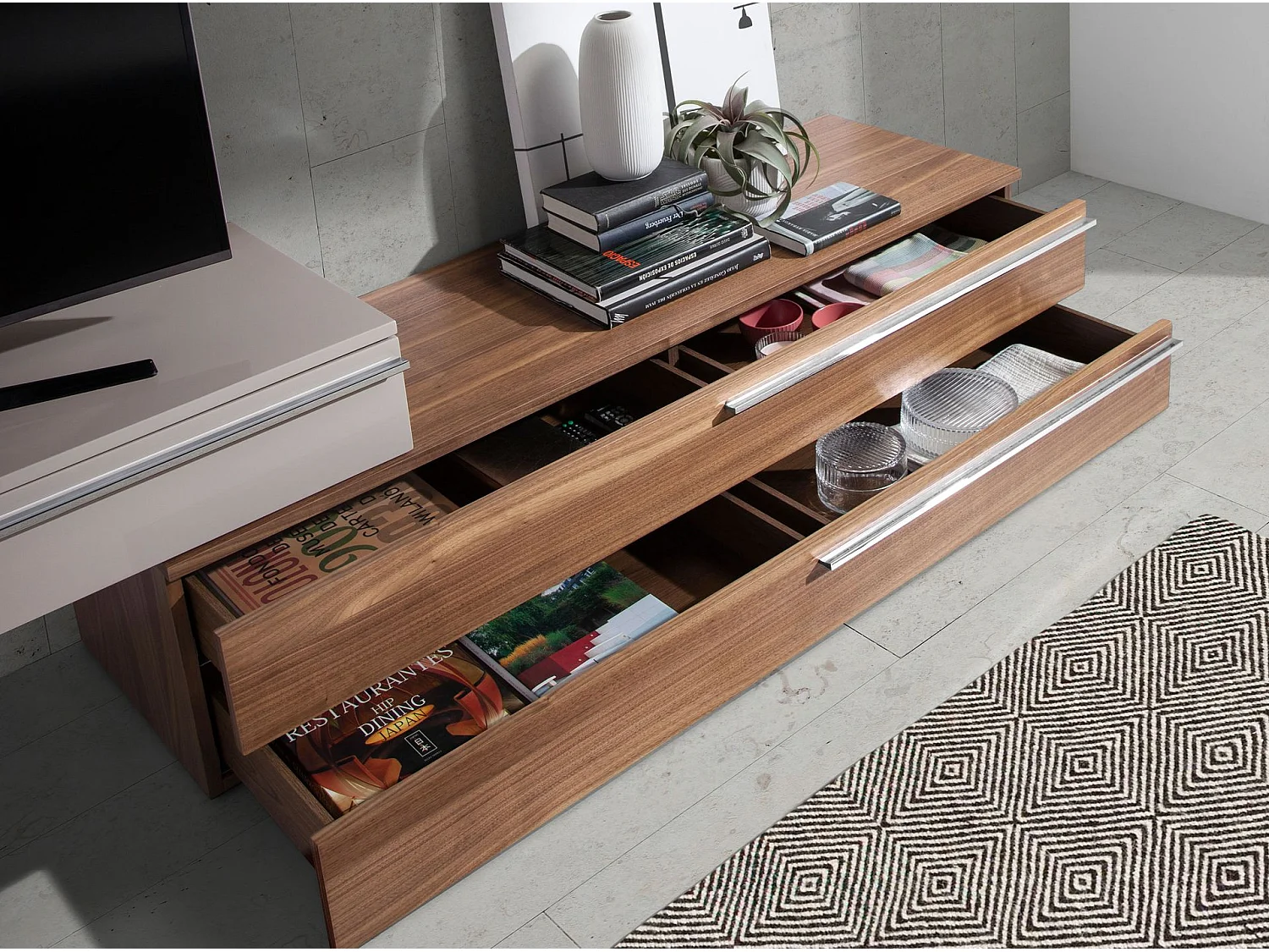 Meuble TV en bois beige, noyer et acier chromé 3081 ANGEL CERDA