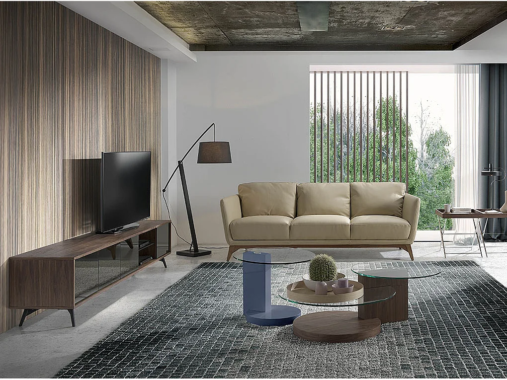 Suporte de TV com estrutura de madeira folheada a nogueira com quatro portas em vidro pintado 3048