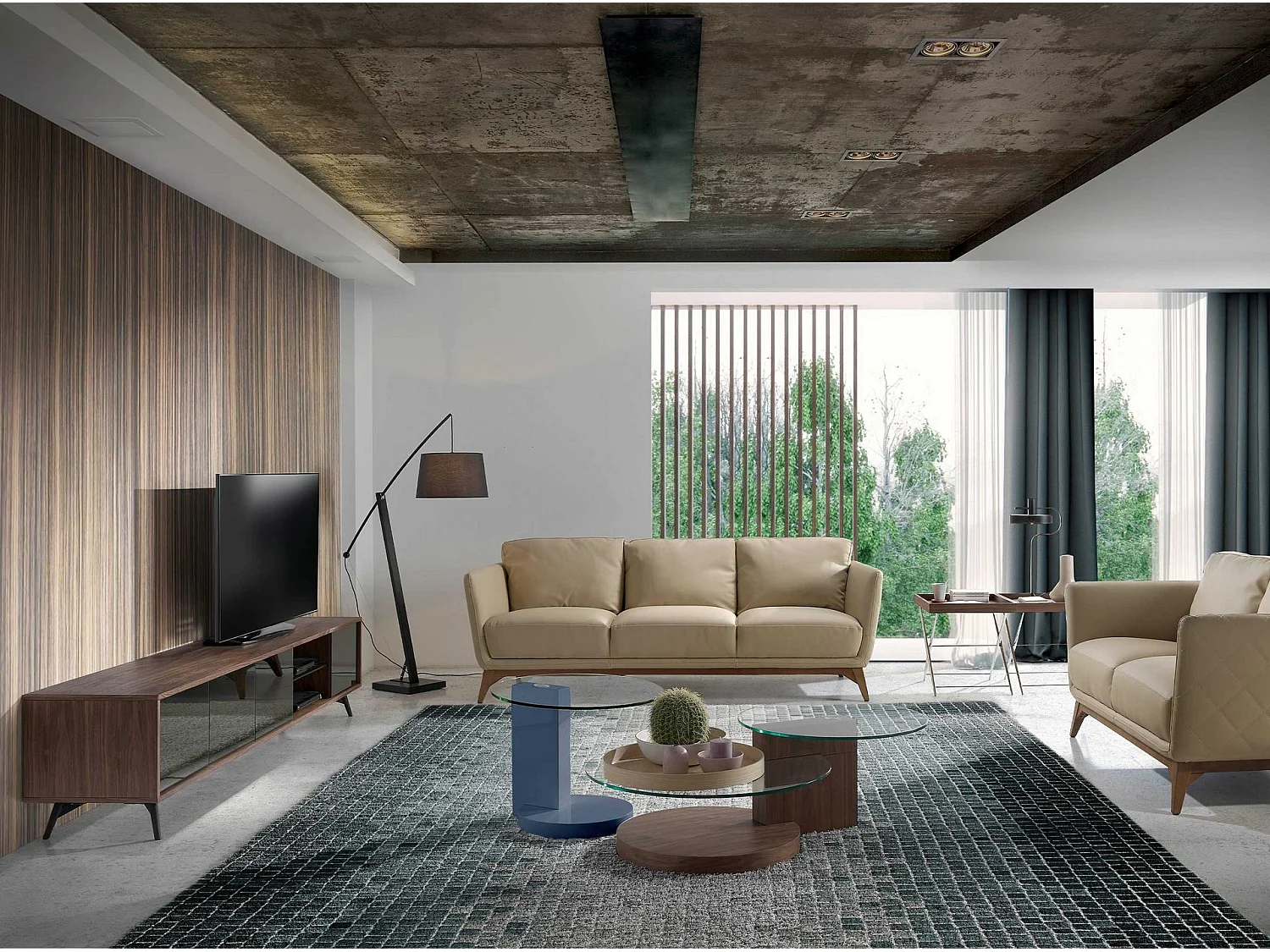 Meuble TV en verre noir effet miroir, noyer et acier noir 3048 ANGEL CERDA