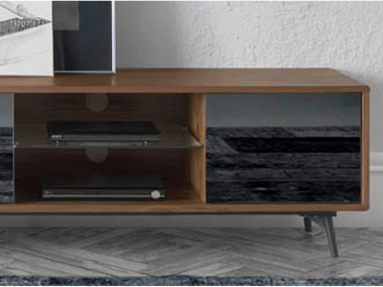 Meuble TV en verre noir effet miroir, noyer et acier noir 3048 ANGEL CERDA