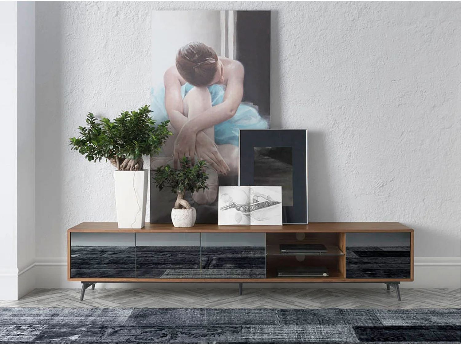 TV-Möbel mit Spiegeleffekt aus schwarzem Glas, Nussbaum und schwarzem Stahl 3048 ANGEL CERDA