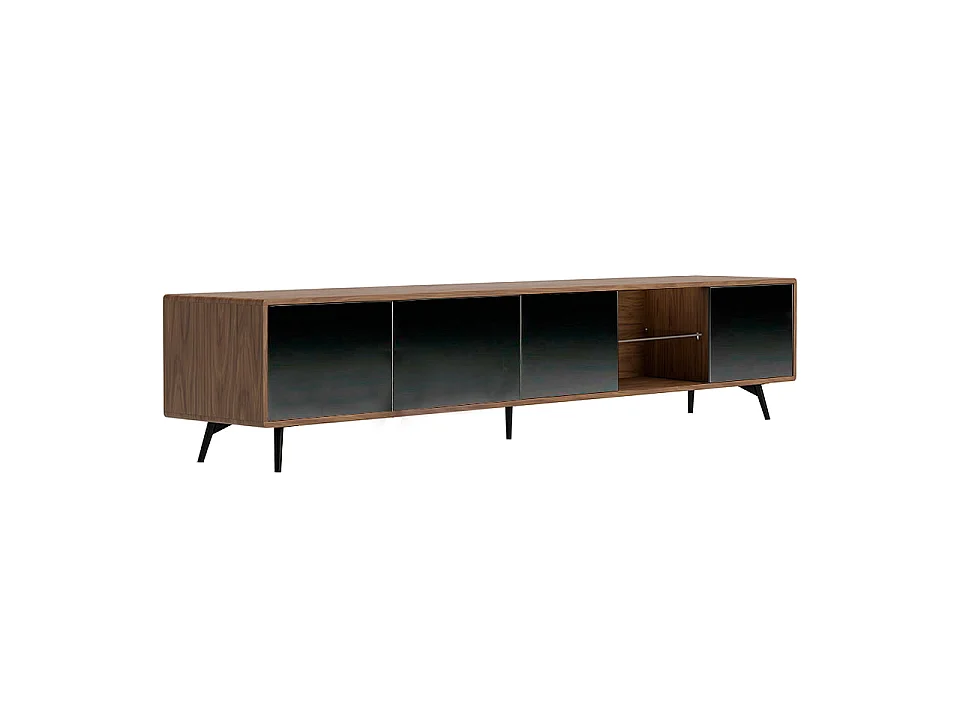 TV-Möbel mit Spiegeleffekt aus schwarzem Glas, Nussbaum und schwarzem Stahl 3048 ANGEL CERDA