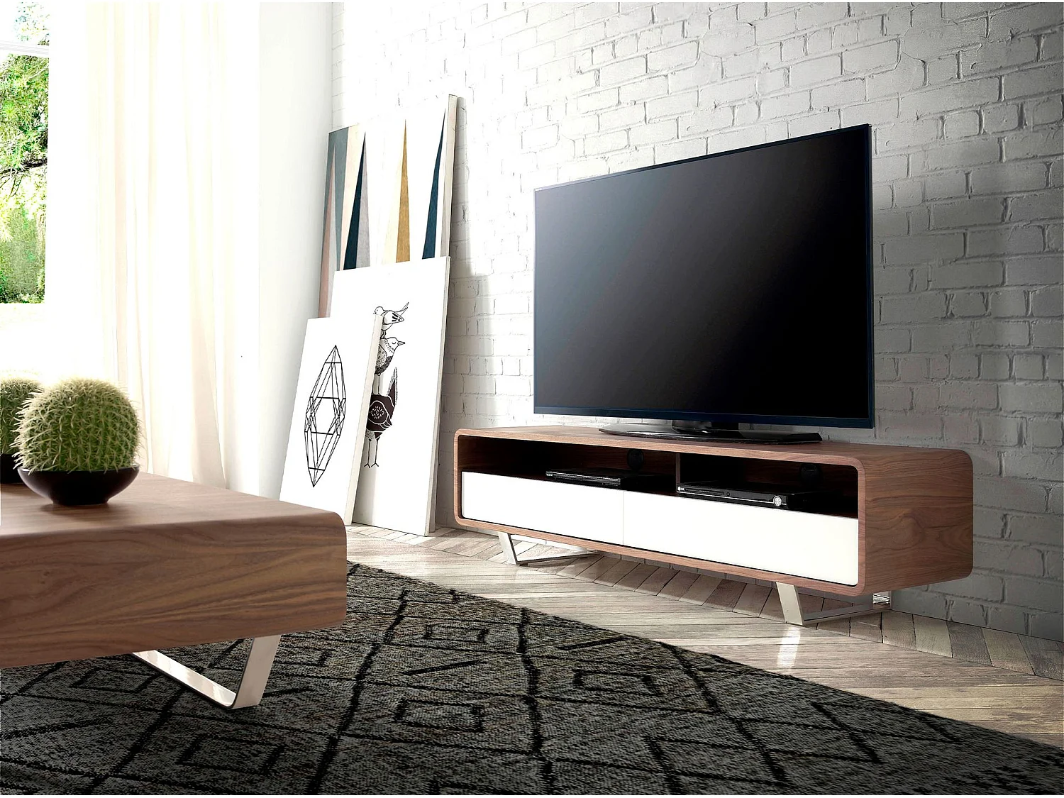 Meuble TV bois blanc, noyer et acier chromé 3046 ANGEL CERDA