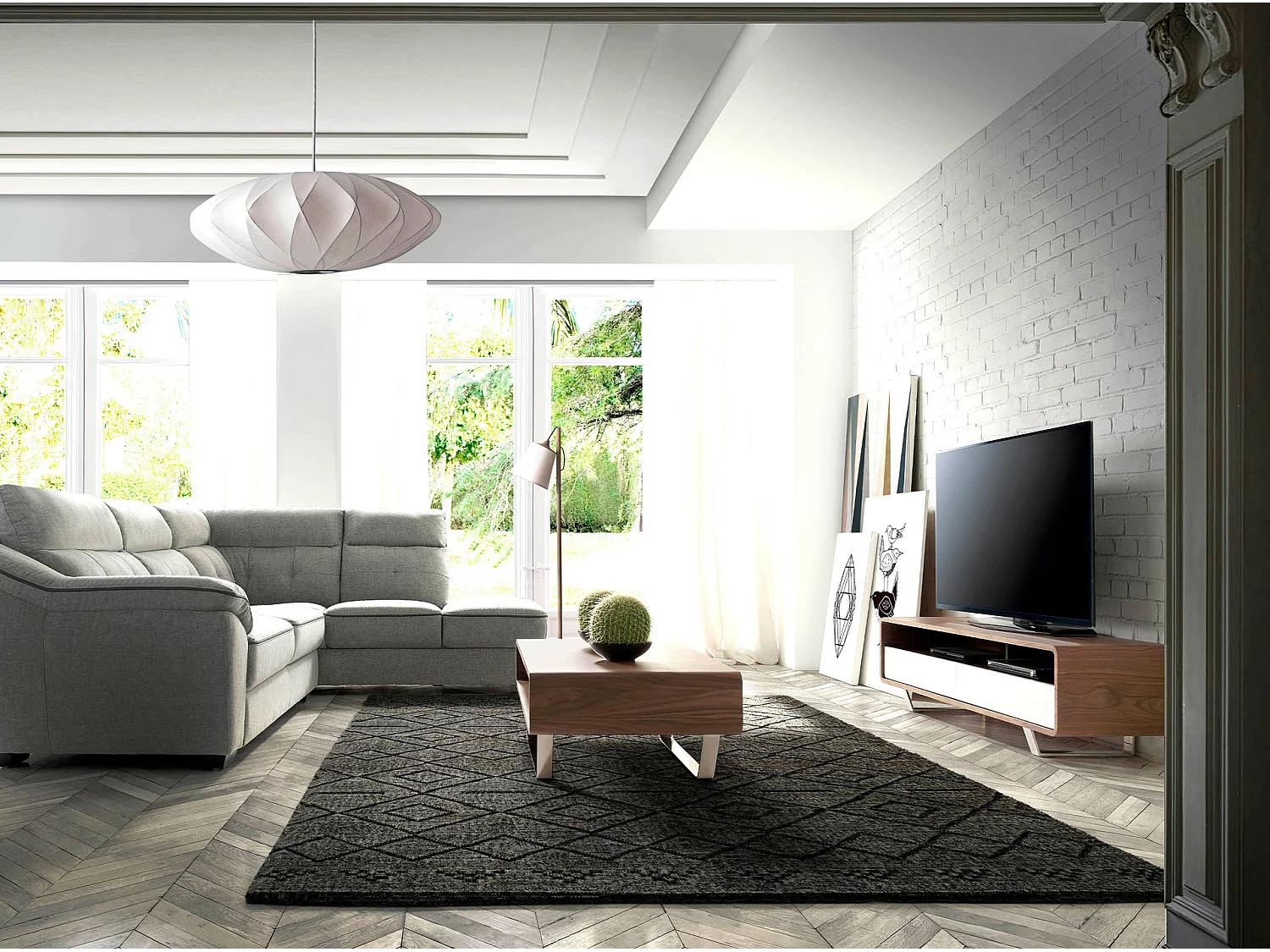 Meuble TV bois blanc, noyer et acier chromé 3046 ANGEL CERDA