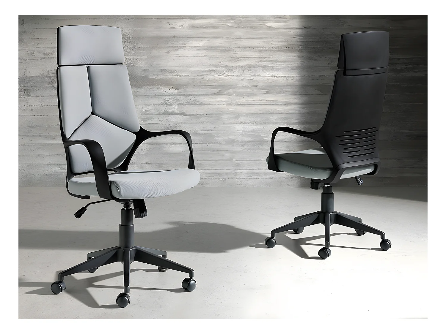 Obrotowe krzesło biurowe z jasnoszarej tkaniny i czarnego PCV