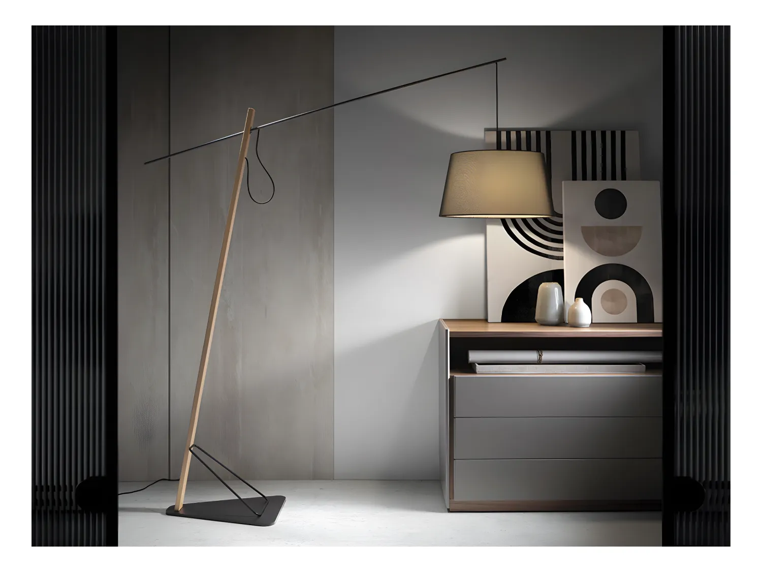 Lampadaire en bois de chêne et acier noir