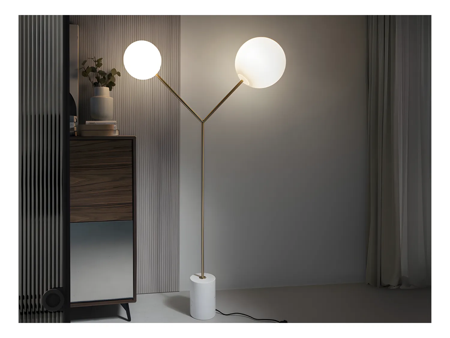 Lampada da terra in marmo bianco, acciaio dorato e vetro bianco