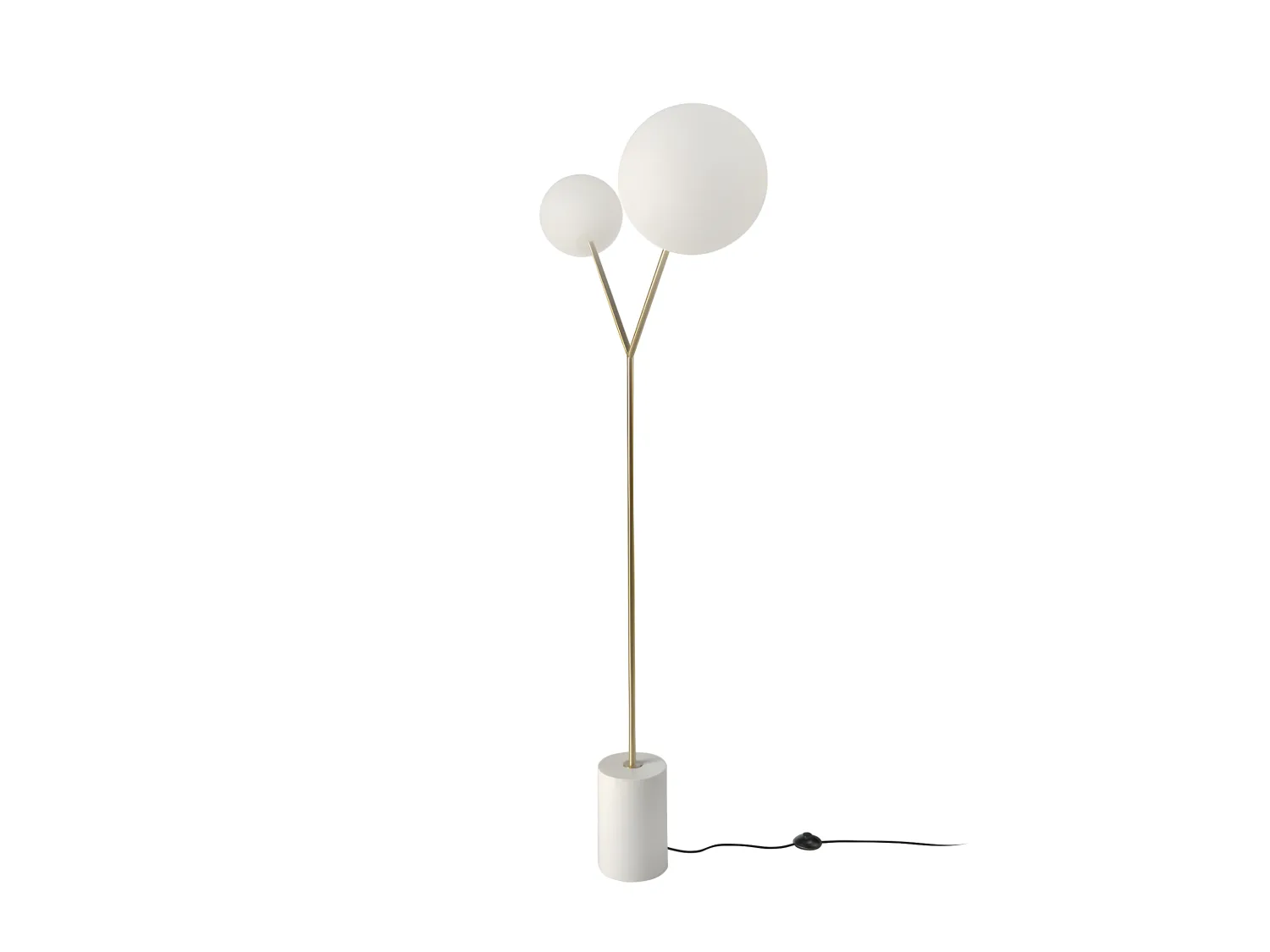 Lampada da terra in marmo bianco, acciaio dorato e vetro bianco