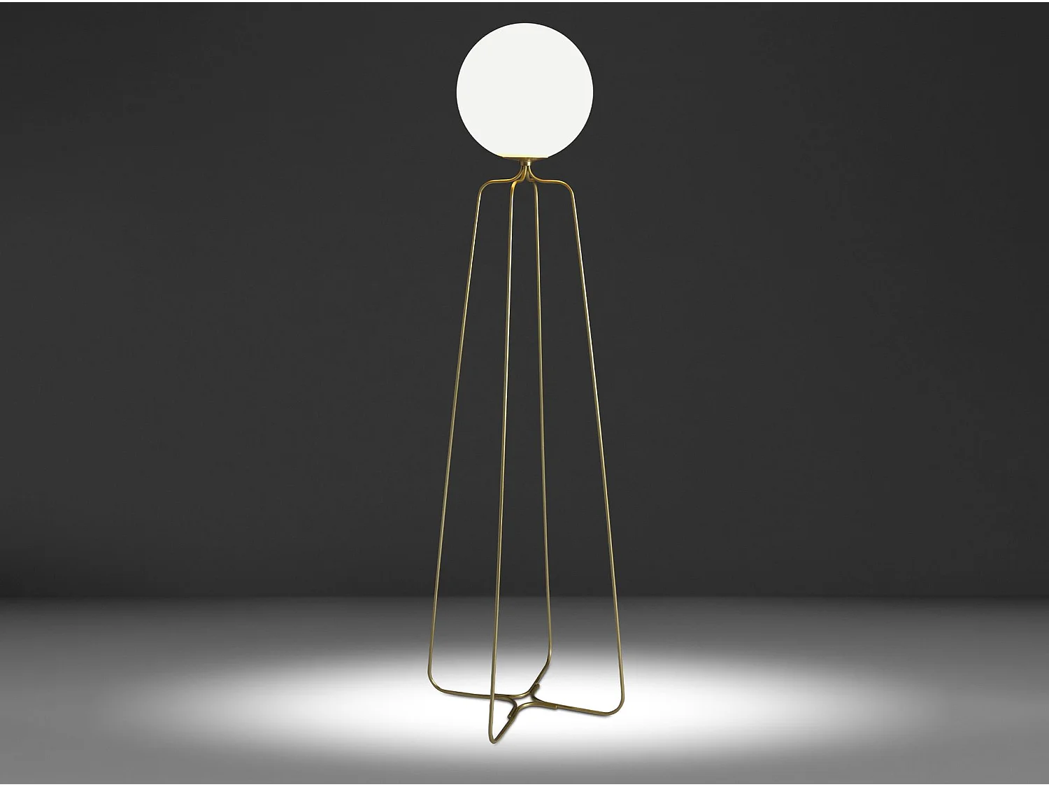 Vloerlamp van goudkleurig staal en wit glas