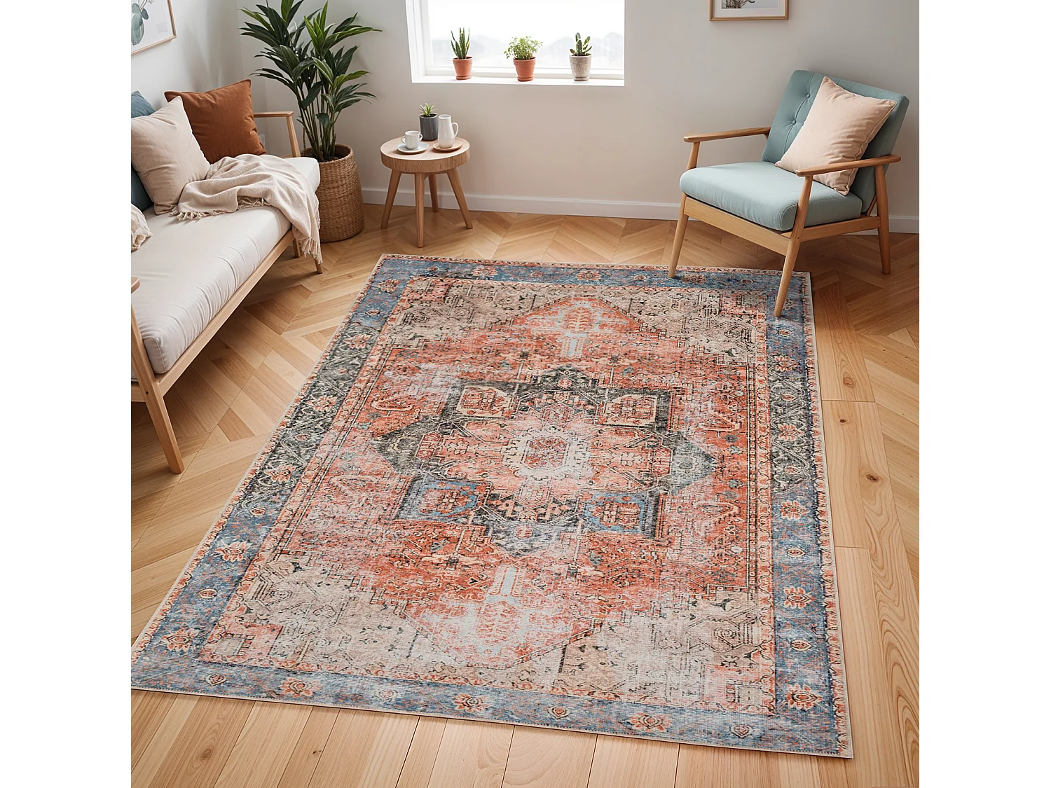Tapis Vintage Lavable en Machine - Rouge/Bleu - 200x275cm - LANA
