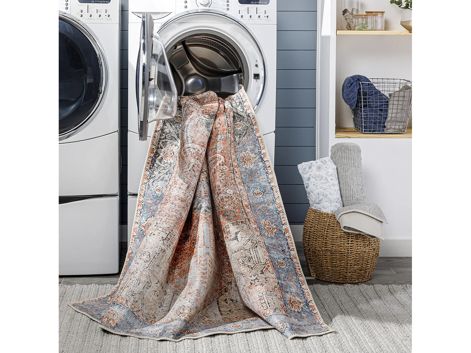 Tapis Vintage Lavable en Machine - Rouge/Bleu - 200x275cm - LANA