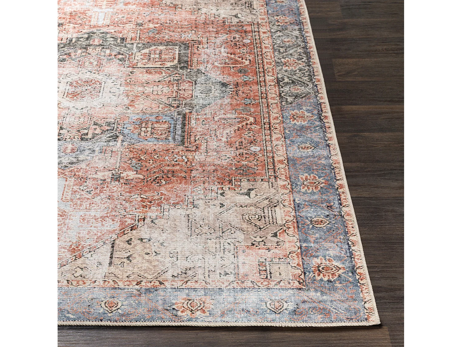 Tapis Vintage Lavable en Machine - Rouge/Bleu - 200x275cm - LANA