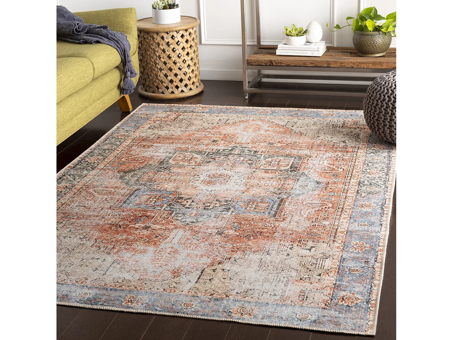 Tapis Vintage Lavable en Machine - Rouge/Bleu - 200x275cm - LANA