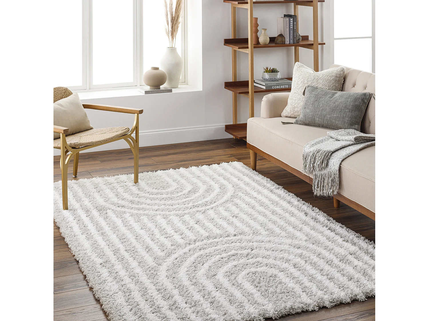 Tapis de Salon et Chambre - Shaggy Géométrique Scandinave - CHRYSTAL - 160x220cm - Blanc et Gris Clair