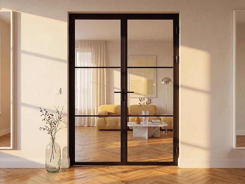 Tür-Set - zwei Flügel - wendbar - Aluminium & Sicherheitsglas - 204 x 146 cm - Schwarz - MASERU