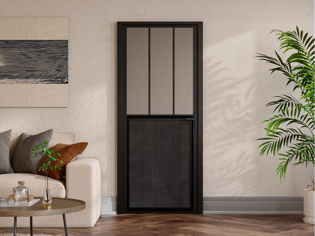 Bloc porte réversible en aluminium et verre trempé style atelier - H204 x L73 cm - Noir - ERMELO