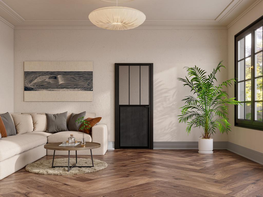 Bloc porte réversible en aluminium et verre trempé style atelier - H204 x L83 cm - Noir - ERMELO