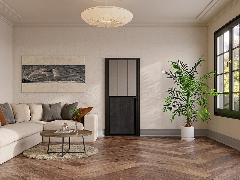 Drzwi kompletne dwustronne z aluminium i szkła hartowanego w stylu industrialnym - wys. 204 x szer. 83 cm - ERMELO