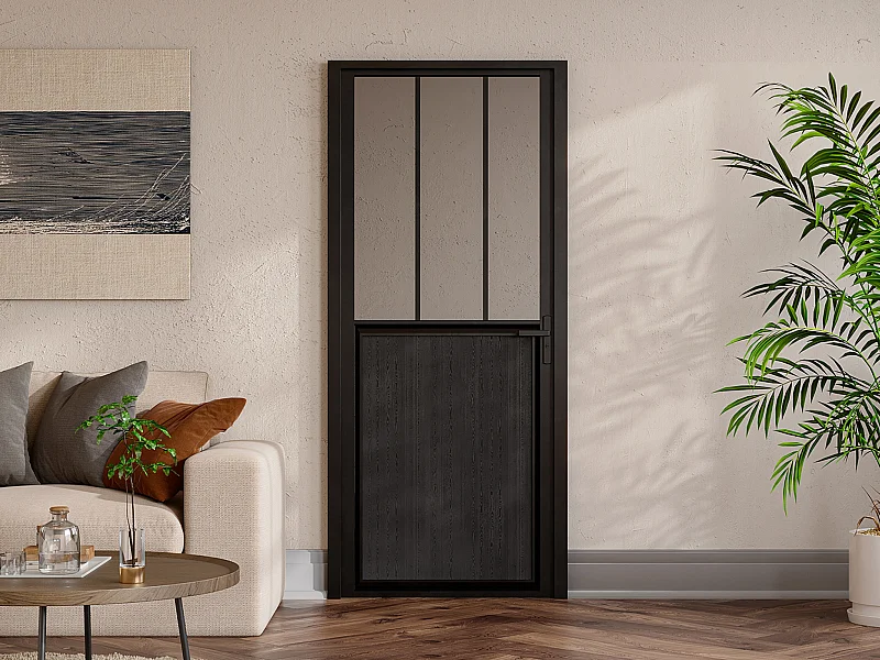 Omkeerbare deur van aluminium en gehard glas met werkplaatsstijl - Zwart - H204 x B93 cm - ERMELO