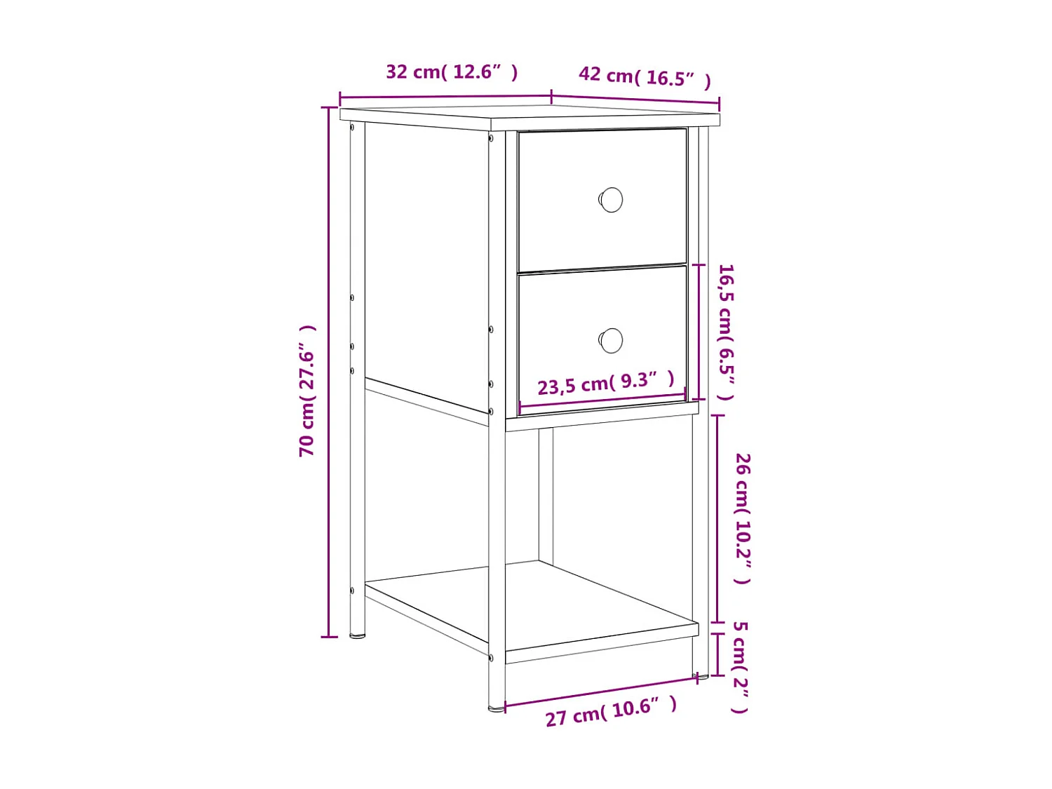 Tables de chevet 2 pcs noir 32x42x70 cm bois d'ingénierie