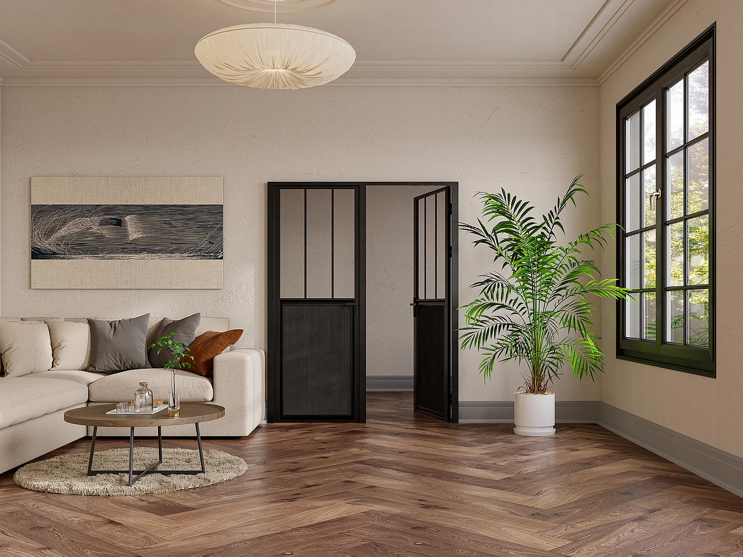 Porta de bloco reversível com dois batentes em alumínio e vidro temperado estilo atelier 2 x  A204 x L73 cm - Preto - ERMELO