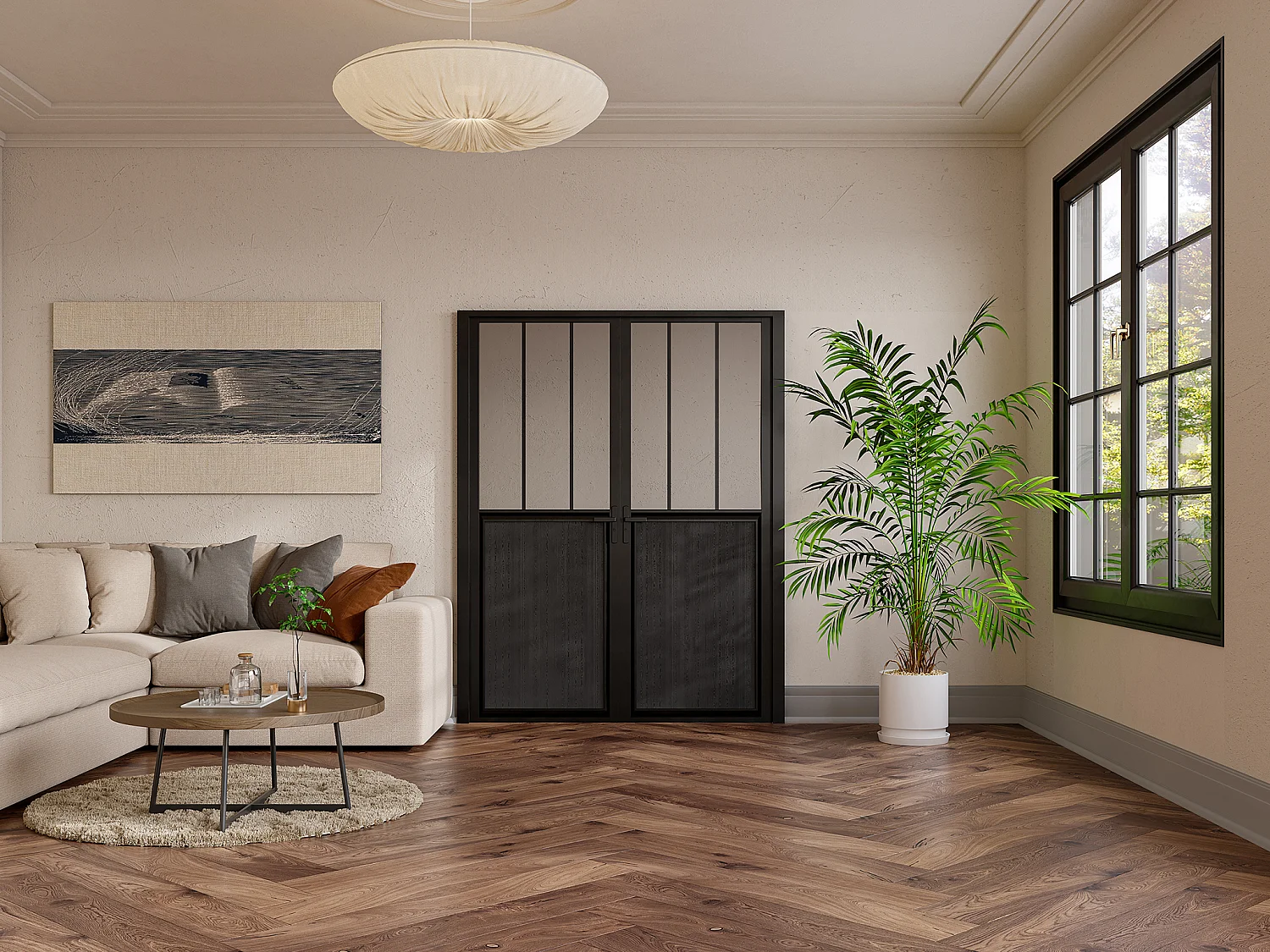 Porta de bloco reversível com dois batentes em alumínio e vidro temperado estilo atelier 2 x  A204 x L73 cm - Preto - ERMELO