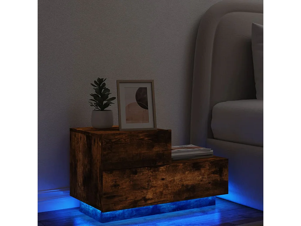 Table de chevet avec lumières LED chêne fumé 70x36x40,5 cm
