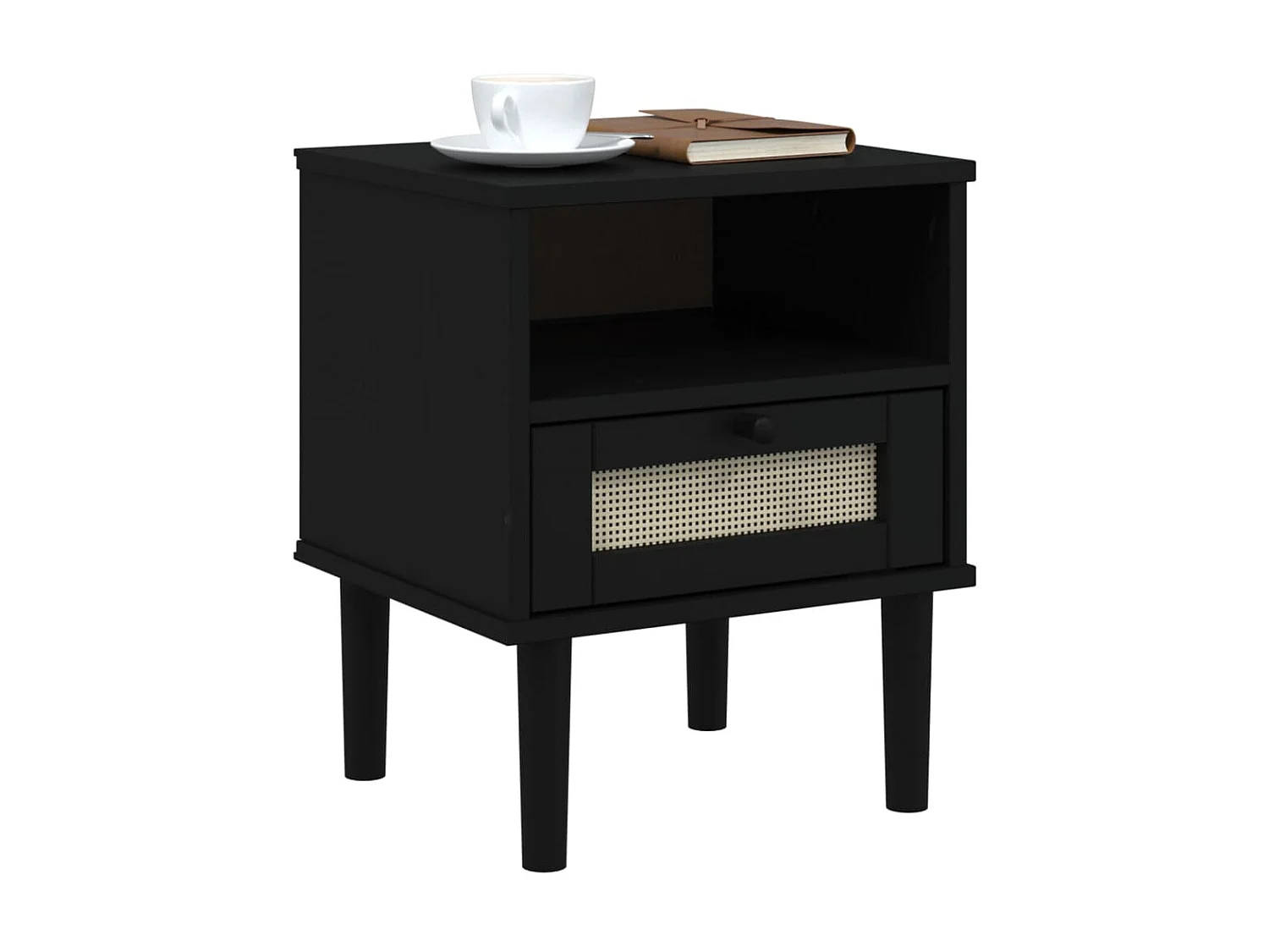 Table de chevet SENJA aspect de rotin noir bois de pin massif