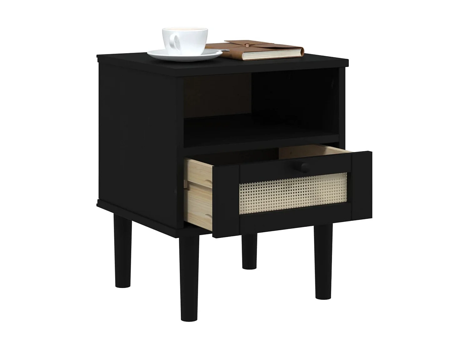 Table de chevet SENJA aspect de rotin noir bois de pin massif