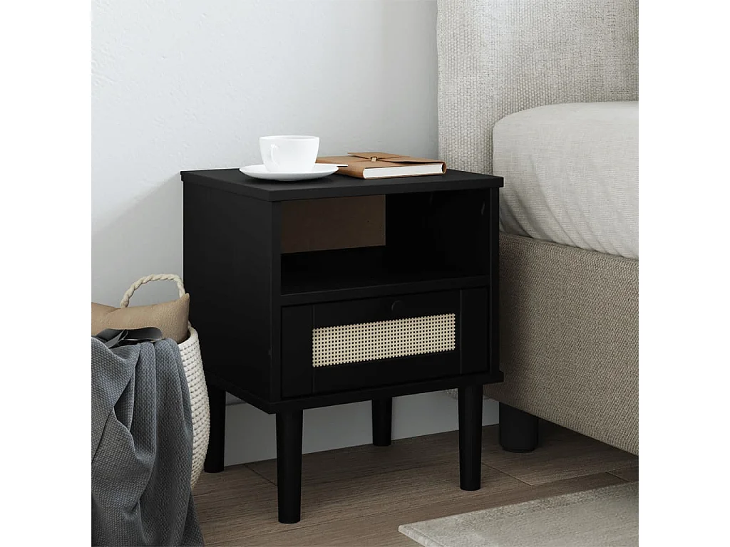 Table de chevet SENJA aspect de rotin noir bois de pin massif
