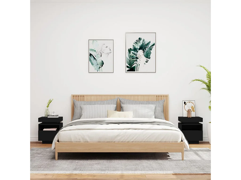 Armoires de chevet avec lumières LED 2 pcs noir 40x39x48,5 cm