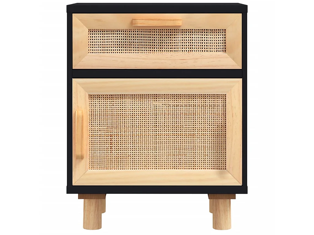 Comodino Nero Legno di pino massiccio e rattan naturale