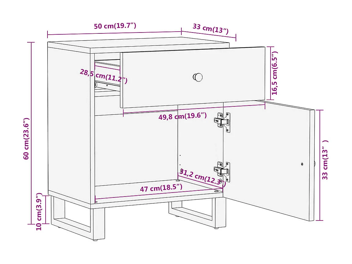 Comodino marrone e nero 50x33x60 cm in legno massello di mango