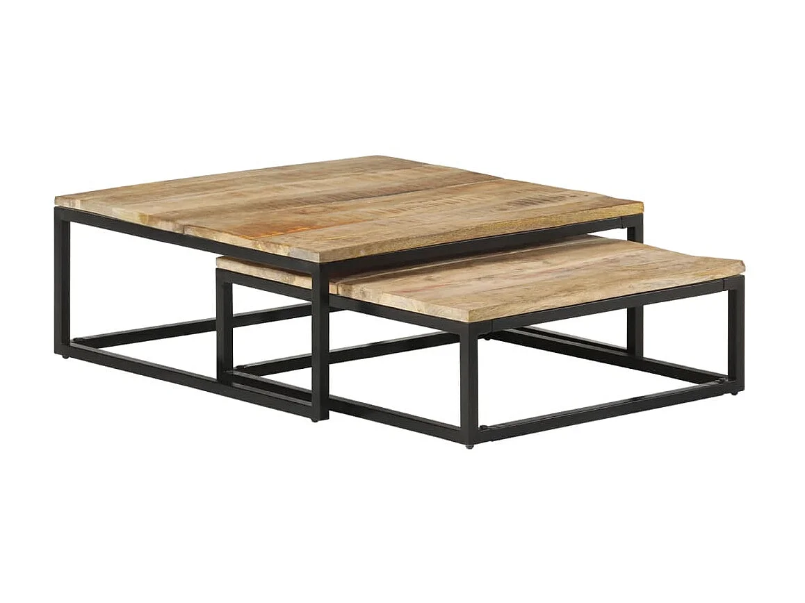 Tavolini impilabili dorati, 2 pezzi, in legno massello di mango