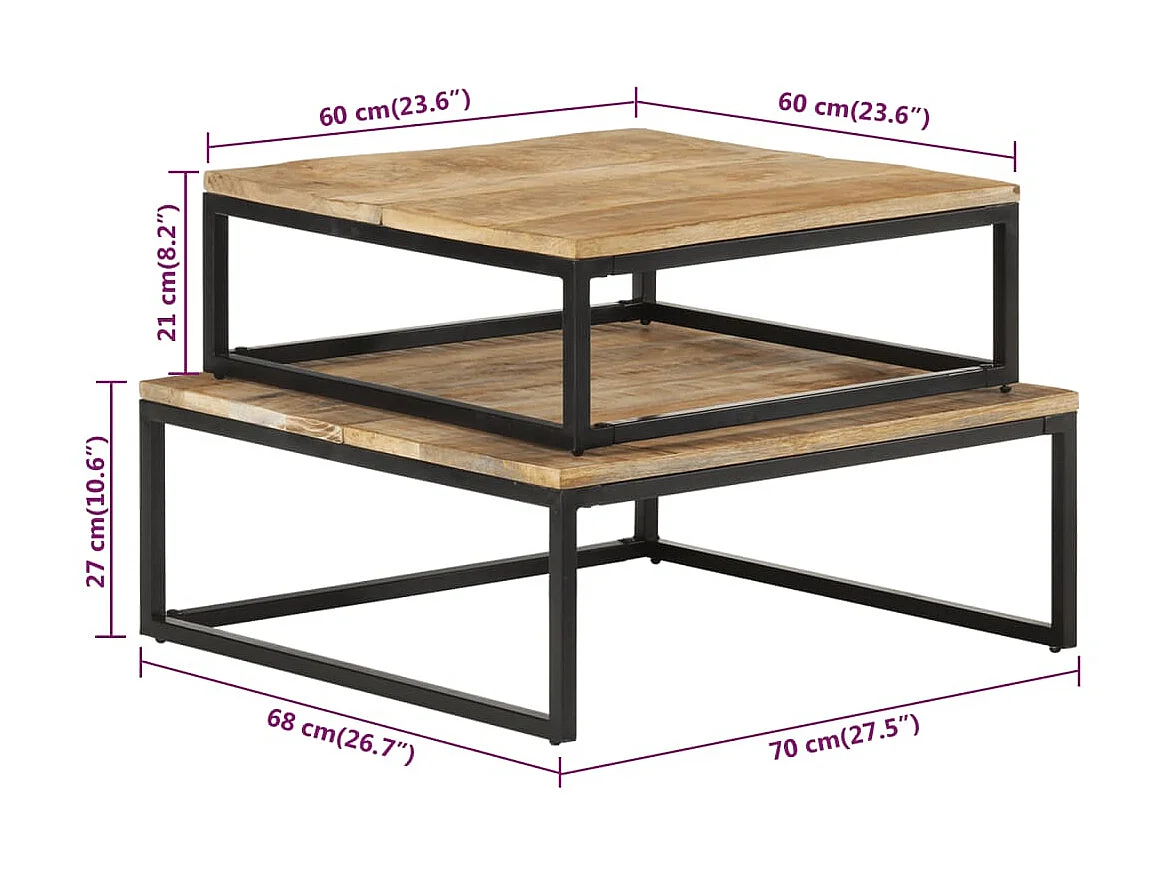 Gouden Bijzettafels 2 stuks massief mangohout
