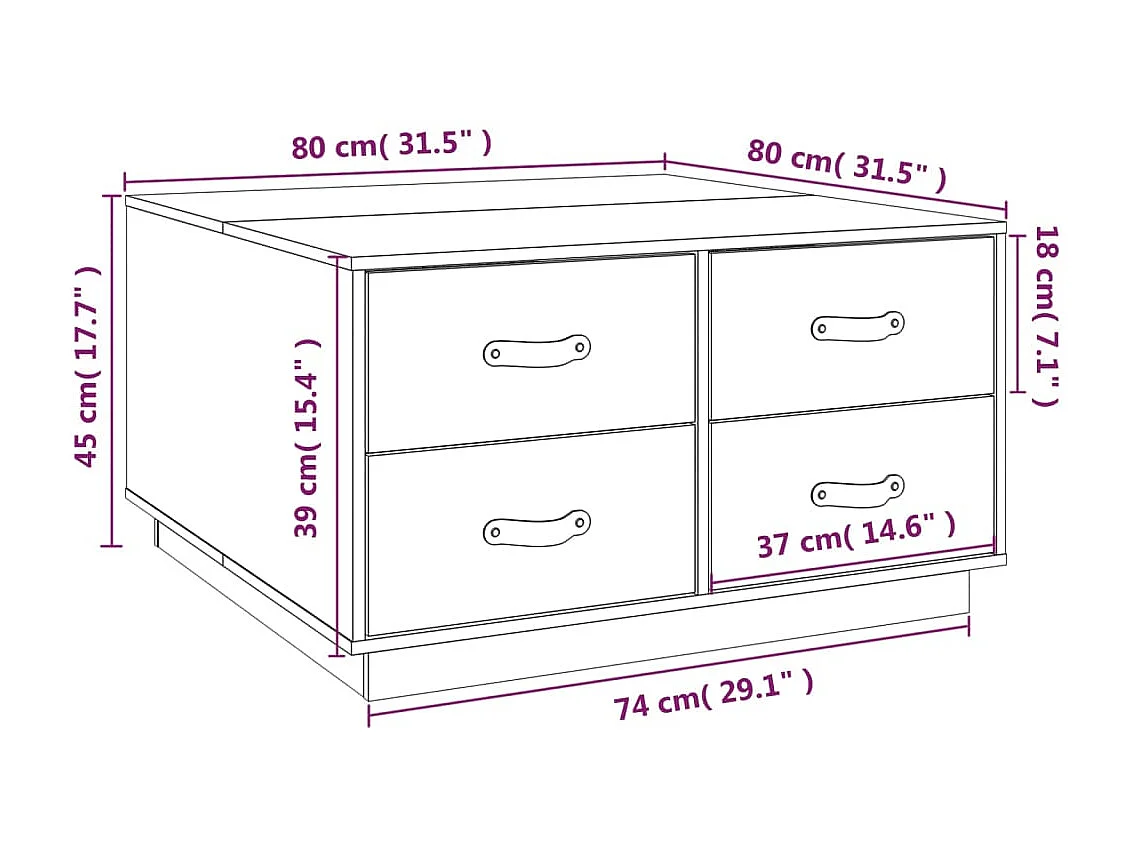 Mesa de centro dourada 80x80x45 cm Madeira maciça de pinho