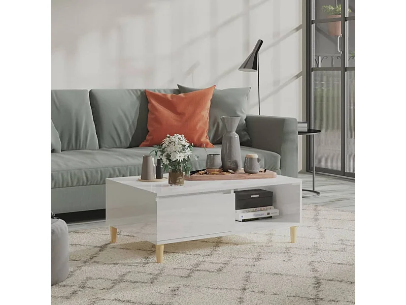 Goldfarbener Couchtisch, glänzend weiß, 90 x 60 x 35 cm, Spanplatte