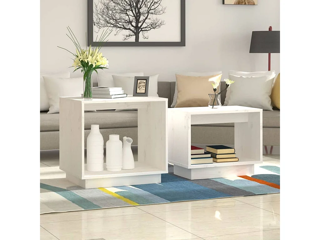 Oro Mesas de centro nido 2 piezas Blanco Madera de pino maciza