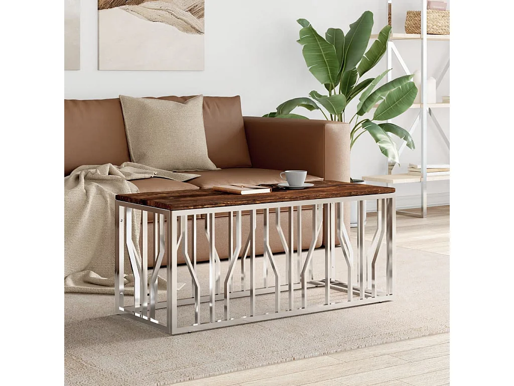 Table basse acier inoxydable et bois massif de récupération