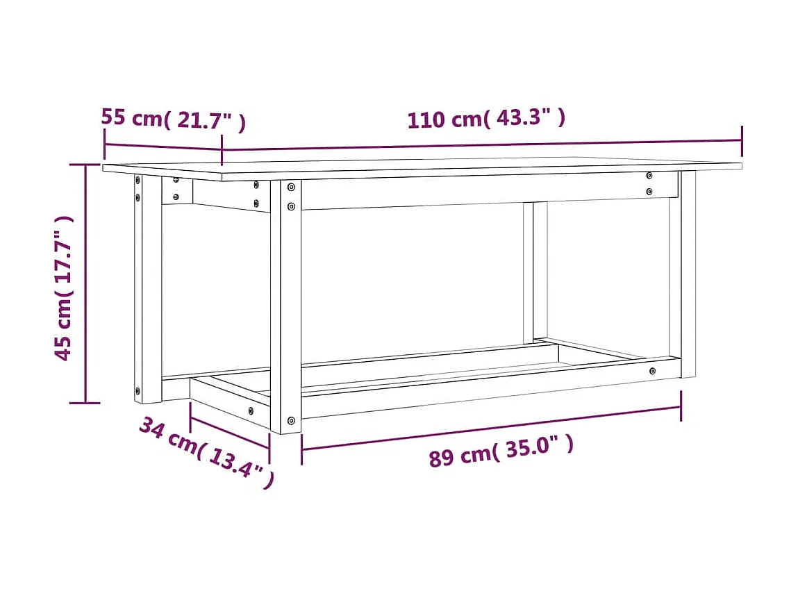 Gold Couchtisch Weiß 110x55x45 cm Massives Kiefernholz