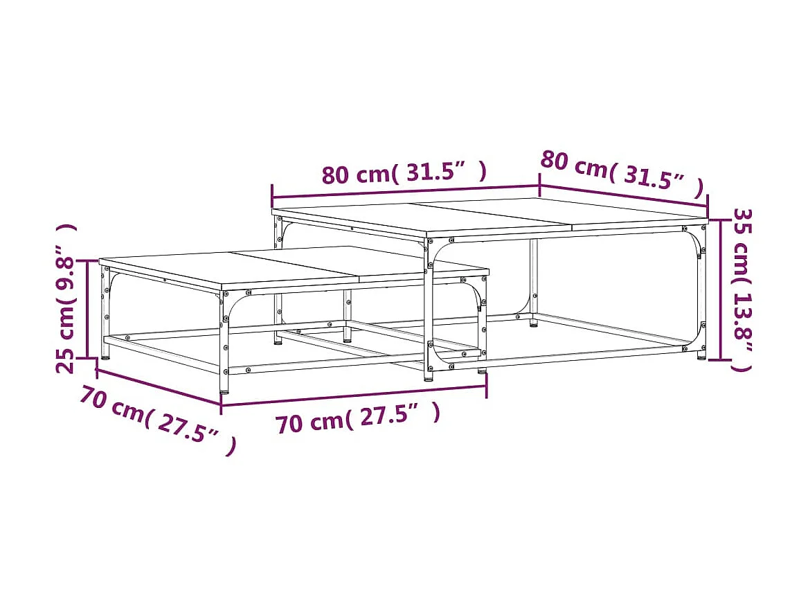 Tavolini da caffè a incastro dorati 2 pezzi in legno ingegnerizzato rovere Sonoma