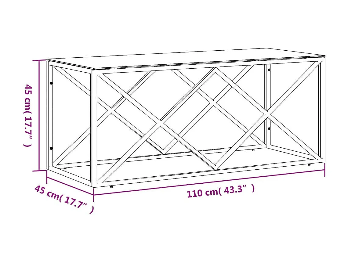 Mesa de centro dourada 110x45x45 cm aço inoxidável e vidro