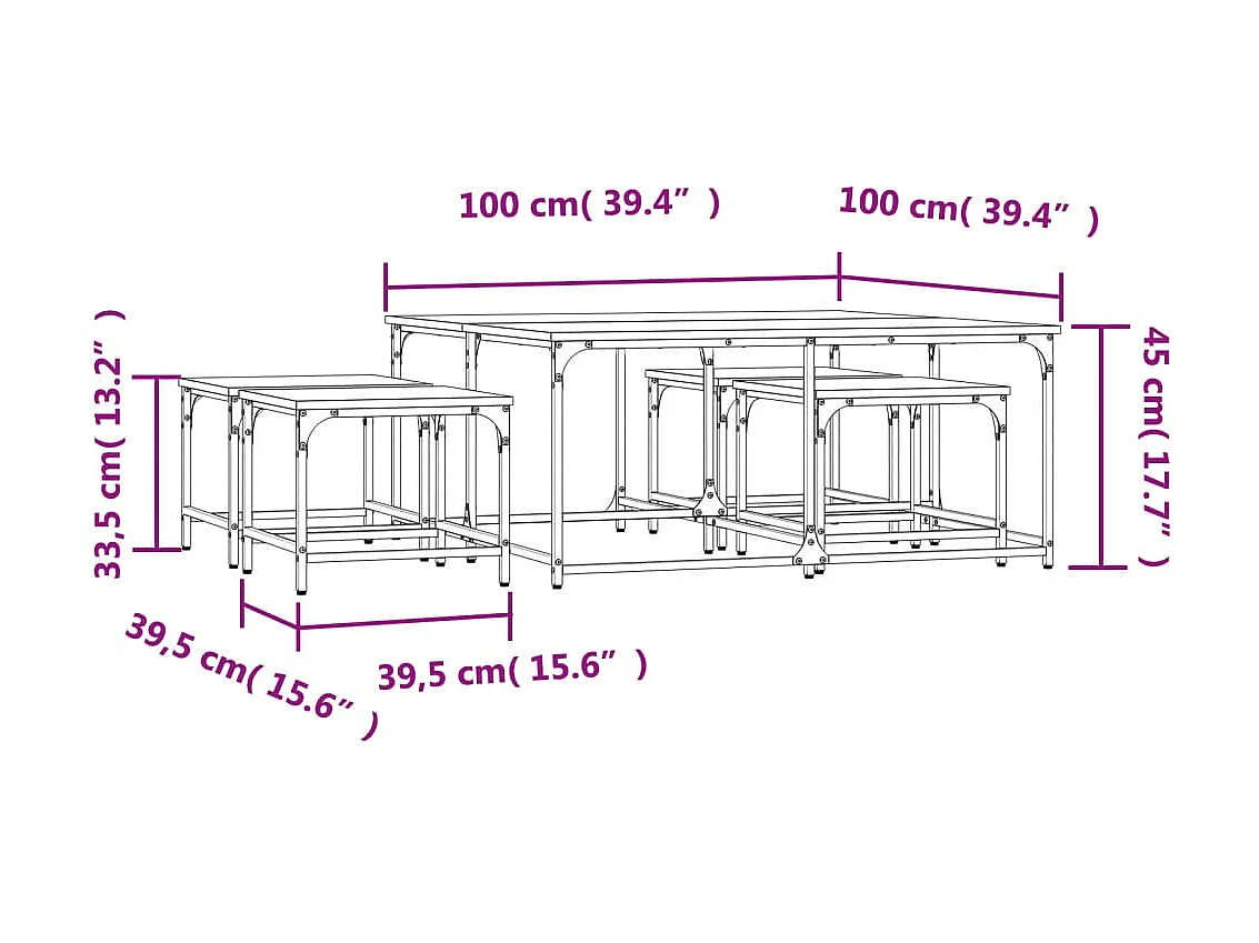 Mesas de centro aninhadas douradas 5 unidades de madeira projetada de carvalho marrom
