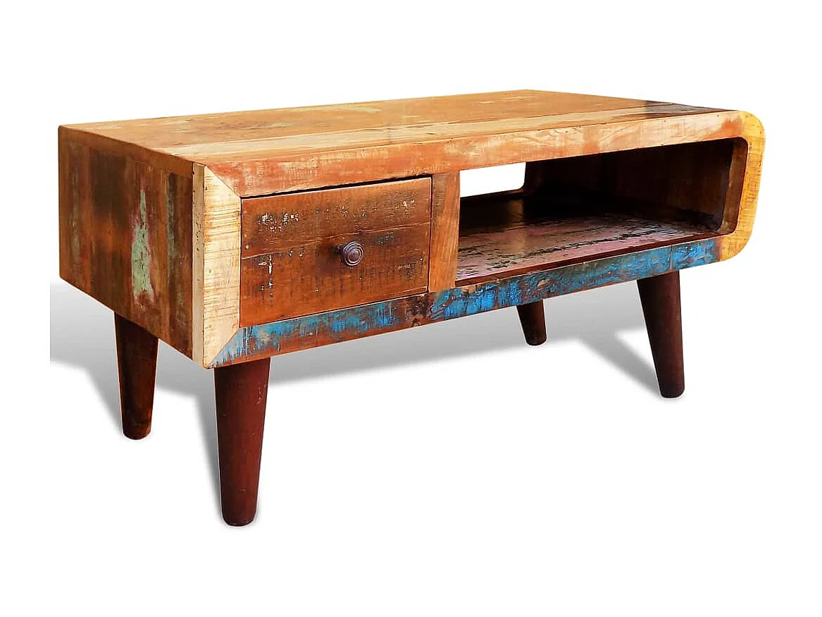 Mesa de centro dourada com borda curva e 1 gaveta Madeira recuperada