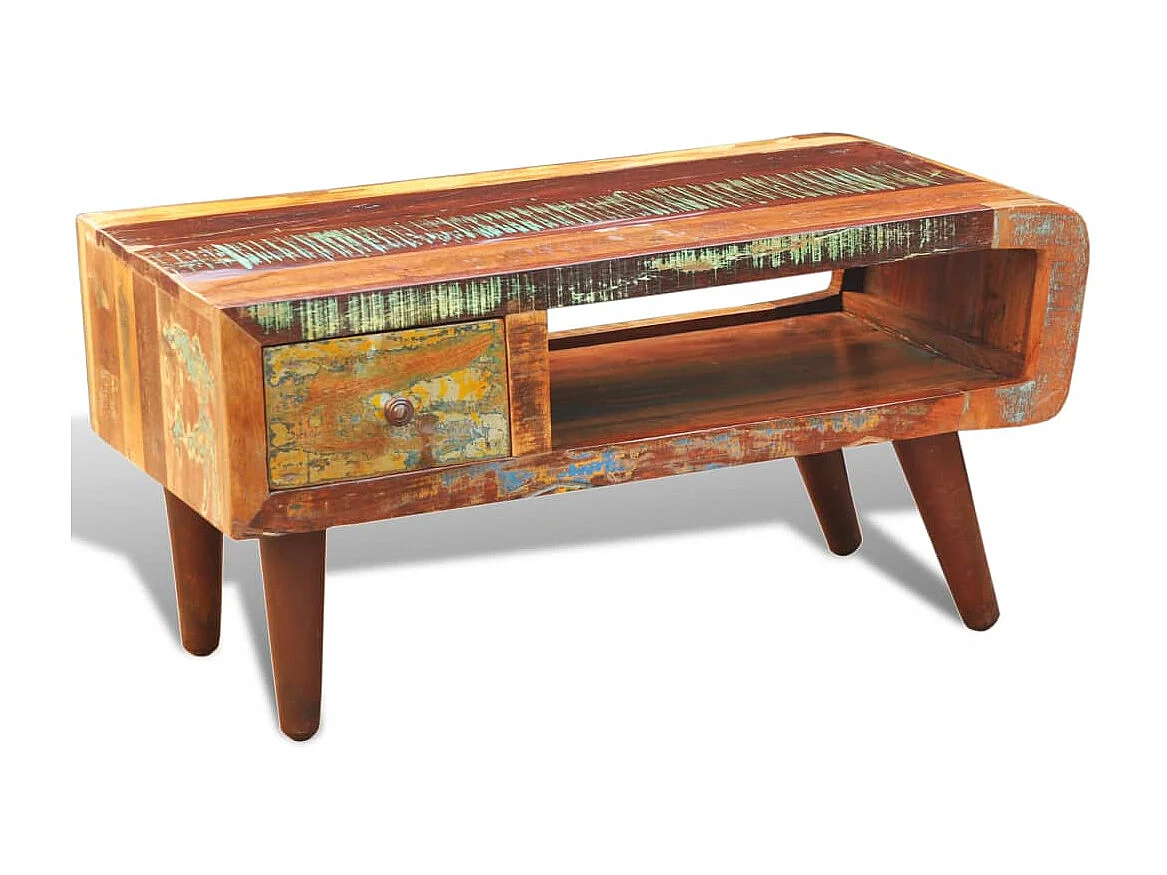 Mesa de centro dourada com borda curva e 1 gaveta Madeira recuperada