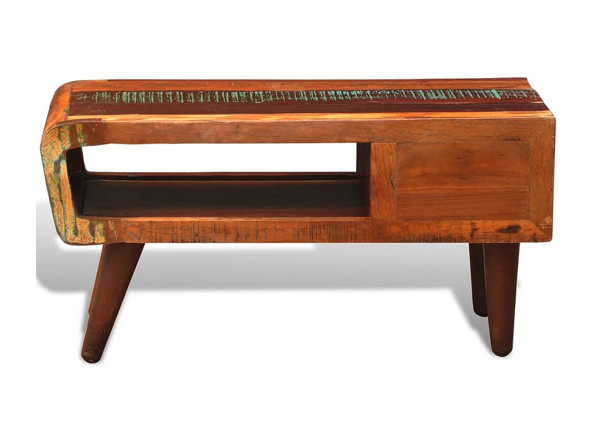 Mesa de centro dourada com borda curva e 1 gaveta Madeira recuperada