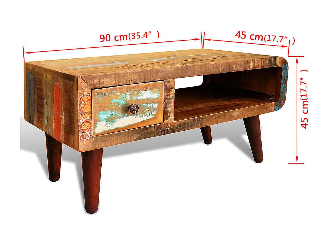 Goudkleurige salontafel met gebogen rand en 1 lade Teruggewonnen hout