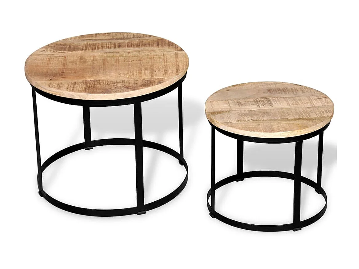 Mesa de centro dourada 2 peças em madeira de mangueira crua redonda 40/50 cm